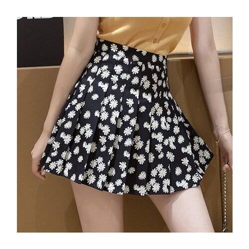 Summer WomenS Pleated Skirt Sexy High Waist Printed Daisy Mini Skirt Fashion A-Line Preparatory Style Girl Black Dance Skirt