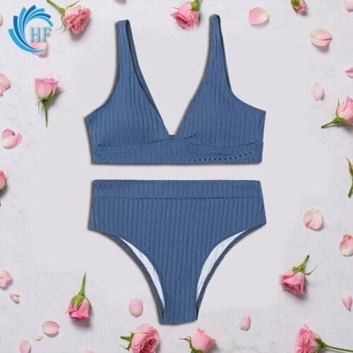 New Biquini V-neck Beach Bikini Party Sexy Swimsuit Solid Biquini Brazilian Bikini Women Summer Swimsuit High Waist Bikini Sets