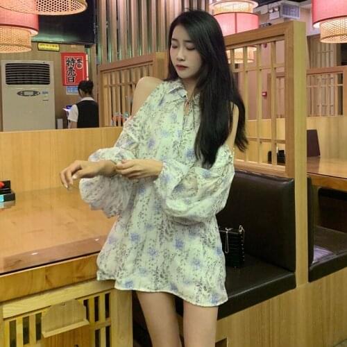 Autumn Long Sleeve Dresses for Women Off Shoulder Print Turn-down Collar Loose Hollow Out Chiffon Mini Dress Female Clothing