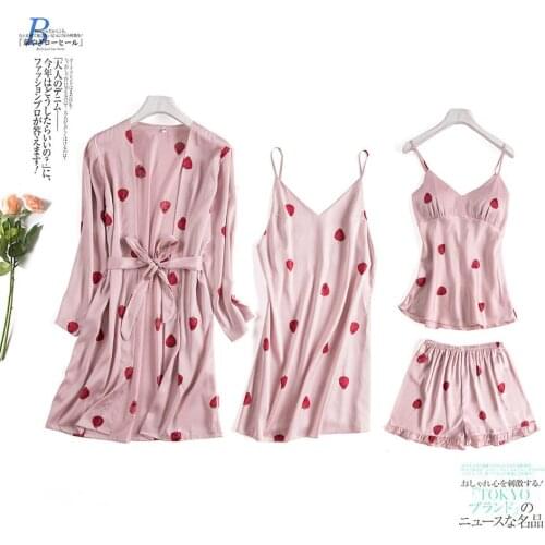 Pajama WomenS Korean Version Ice Silk Strawberry Suspensed-Belt Shorts Gown Four-Piece Sleepwear Casual Home Clothing Пижам