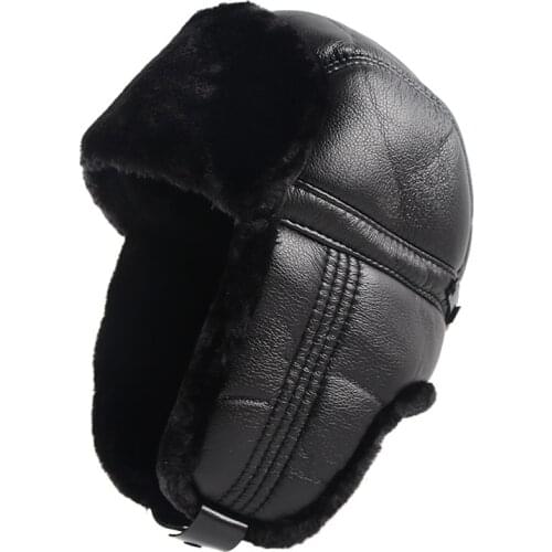 Russian Style Leather Trapper Mens Fur Hats Winter 2021 Outdoor Warm Ushanka Soviet Mens Cap Dad Earflaps Bomber Hat Black