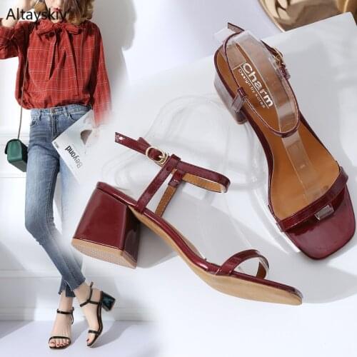 Sandals Women High Heels Simple Trendy Elegant Buckle Womens Korean Style Leisure Patent Leather All-match Female Shoes Summer