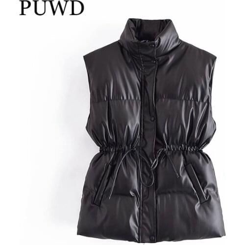 PUWD Vintage Women Cotton Padded Faux Leather Vest 2021 Winter Fashion Ladies Sleeveless Thick Jackets Female Solid Outwear