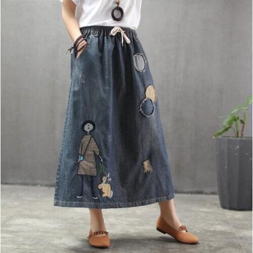 New Hole Cartoon Embroidery Denim Skirts Women Vintage Art Ripped Female Elastic High Waist Long Maxi Jeans Skirt Saias J3294