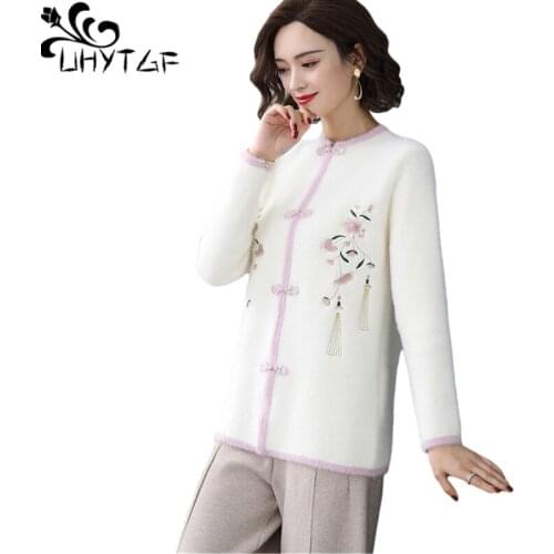 UHYTGF Women Sweaters Retro O Neck Pullover Casual Bottoming Shirt Embroidered Mink Fleece Knitted Autumn Winter Top Female 1902
