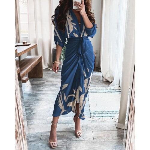 2021 Women Summer Sexy Leaf Pattern Print Tied Detail Ruched Shirt Dress Casual Vintage Bodycon Party Long Dresses