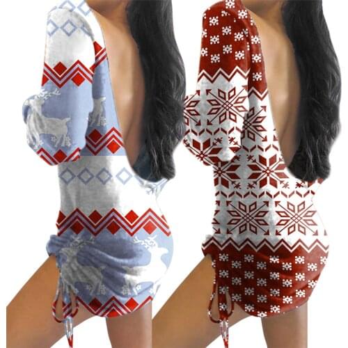 Women Christmas Print Dress, Casual Style Long Sleeve U-shaped Neck Drawstring One-piece Clothes