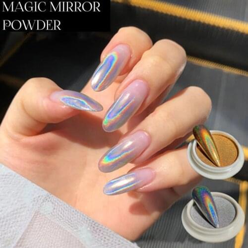 1Jar+brush Laser Holographic Pigment Powder, Laser Gold /Silver Nails Glitter, Holo Mirror Powder 3g YJY