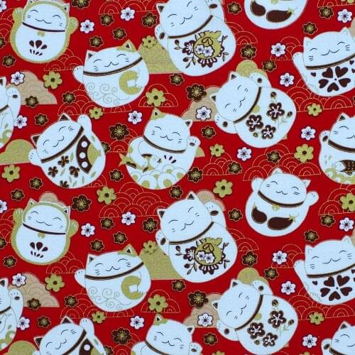 1 yard Printed Cotton Woven Fabric - Lucky Cat and Flower on Red Background (width=140cm)