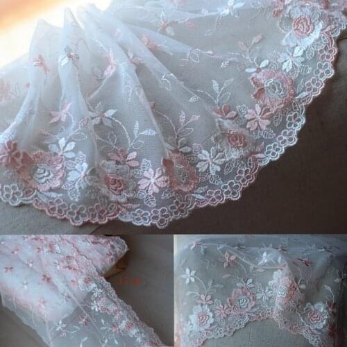 Free shipping 2yards/lot 6.7Inches Wide Embroidered Tulle Lace trim mesh lace trim~pink ~lovely~High Quality
