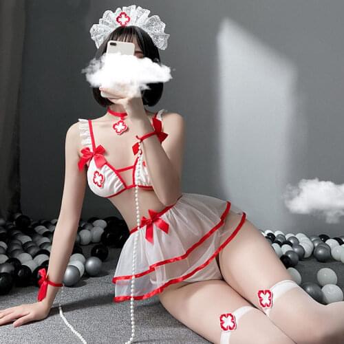 2020 Sexy Lingerie Embroidered Patch On The Chest, Sweet Nurse Uniform, Bowknot Decoration, Double Layer Fluffy Mesh Skirt Suit