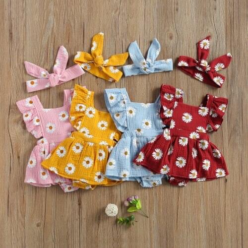 2021 Fashion Baby Summer Clothing Newborn Baby Girls Daisy Flower Bodysuits Skirts with Headband Clothes and Headdress Outfits