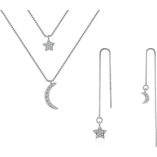 925 Sterling Silver Micro Zirconia Moon Star Short Necklace+Earrings Jewelry Sets For Women Girl Gift