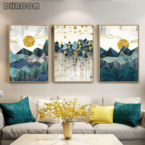 Nordic Abstract Wall Art Geometric Mountain Landscape Canvas Painting Golden Sun Art Poster Print Wall Picture for Living Room