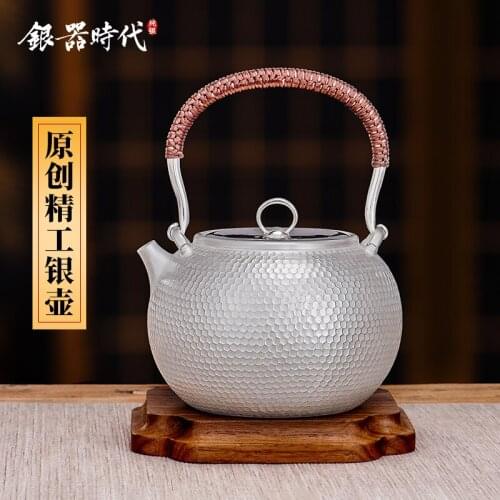 Ag999 Sterling Silver Teapot Hand-Forged Kitchen Utensils Built-in Filter Handmade Coffee Tea Pot