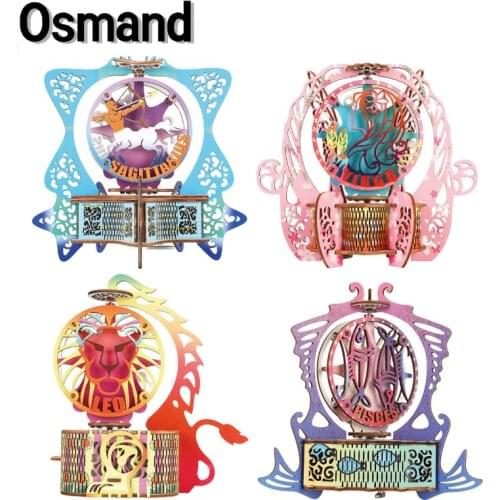 3D DIY Wooden Puzzle Music Box Model Building Kit Twelve Constellations caja musical Jigsaw Educational Toys for Kids Xmas Gifts
