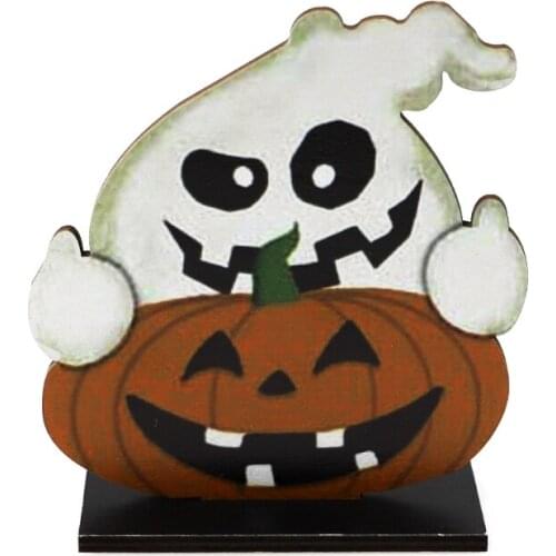 Cartoon Smiling Pumpkin Ghost Wooden Sign with Base Halloween Table Decoration Centerpieces Tier Tray Party Dinner Coffee Topper