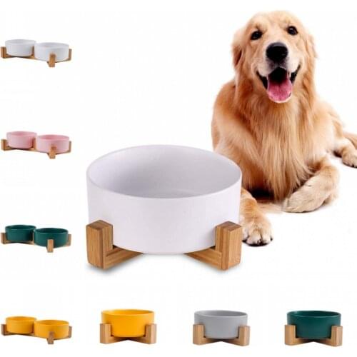 Double Ceramic Dog Bowl With Wood Stand Pet Feeding Water Food Feeder No Spill Big Dogs Feeding Dish Fit All Pet Puppy Cat Bowl