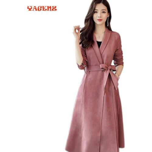 Elegant Long Trench Coat For Women New Suede Trench Coat Abrigos Mujer Windbreaker Lace Up Cardigan Women Coat Overcoat