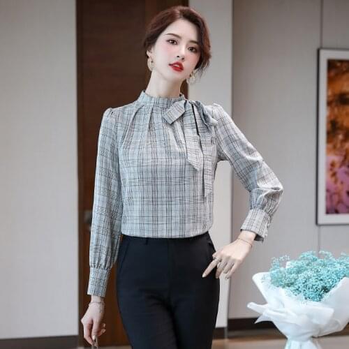 IZICFLY New Fall Spring Beige Plaid Shirt For Women Fashion Plus Size Tops Korean Mesh Office Long Sleeve Bow Business Blouse