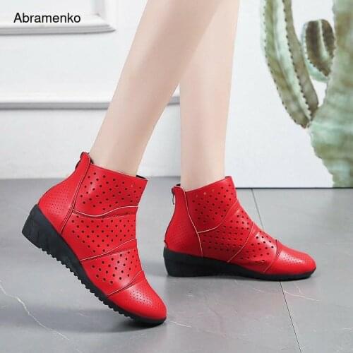 Leather Shoes Women Ankle Boots Hollow Out 4.5 cm Wedge Breathable Low Heel Soft Breathable Zip Black Shoes Plus Size 34-41