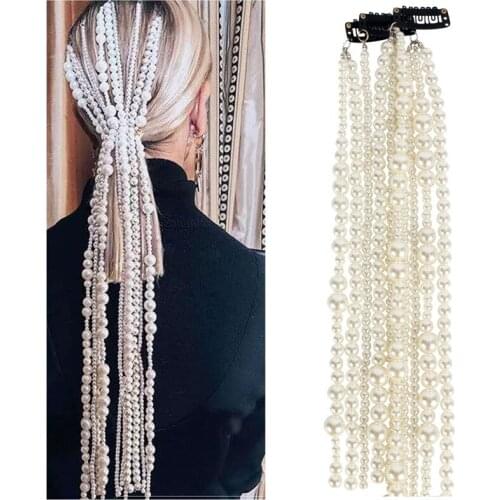Fashion Long Tassel Jewelry Simulated Pearl Hair Accessories Comb Chain for Women Bridal Wedding Hair Chain Headpiece Jewellery