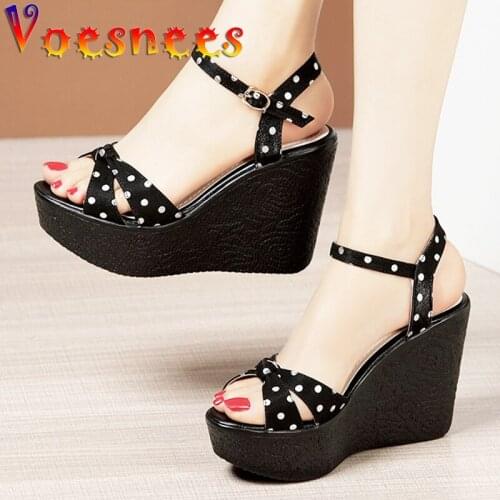 11CM Summer New Heel Burgundy Polka Dot Butterfly-Knot Sandals Buckle Strap Wedges Platform High Heels Peep Toe Sexy Women Shoes