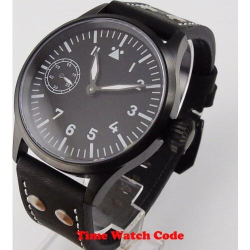 CORGEUT 43mm Black PVD Coated Hand-Winding Mens Wristwatch 6497 Black Sterile Dial black leather strap brushed case