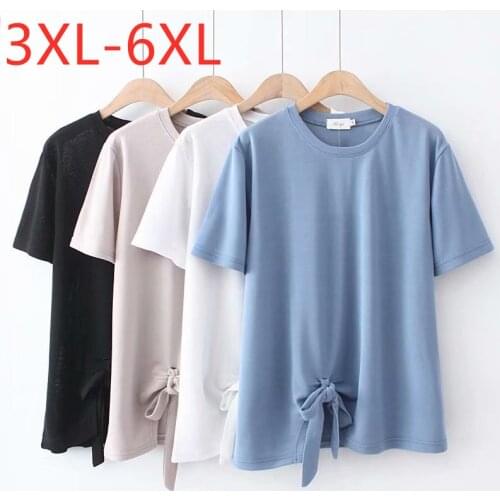 New 2021 Ladies Summer Plus Size Knit Tops For Women Large Short Sleeve Loose White Blue Bow O-neck T-Shirt 3XL 4XL 5XL 6XL