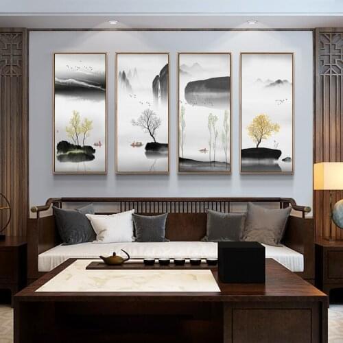 New Chinese Style Simple Ink landscape Scenery Fishing Boat Watercolor Canvas Painting Prints Poster Home Decor Wall Art Picture