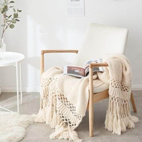Nordic Sofa Throw Blanket For Beds Hand-knitted Knitted Wool Blanket Leisure Blankets Chunky Knit Blanket Photo Props Tassel