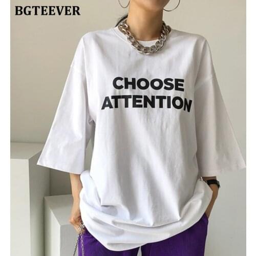 BGTEEVER Casual Chic Loose Women Letter Printed T-shirts 2021 Summer Half Sleeve Female Cotton Tees Ladies Pullovers Tops