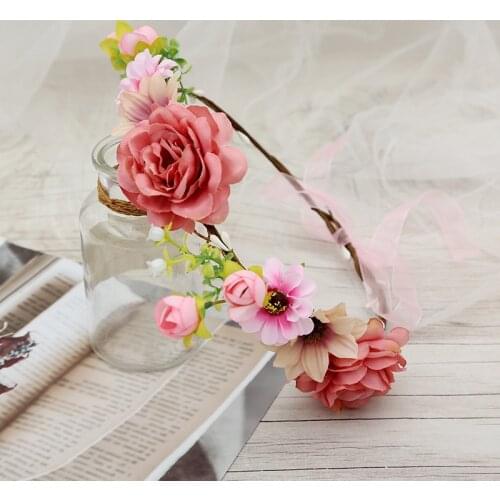 Romantic Flower Crown Head Wreath Garland Hair Band Floral Hair Hoop Bridesmaid Bridal Holiday Photo Decorate Hair Accessories