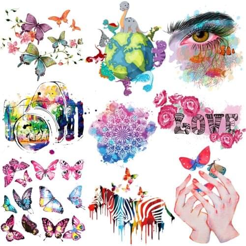 Cartoon Flowers Heat Transfer Butterfly Iron-On Transfers For Clothing T-Shirt Thermo Stickers Clothing Patches Camera Applique