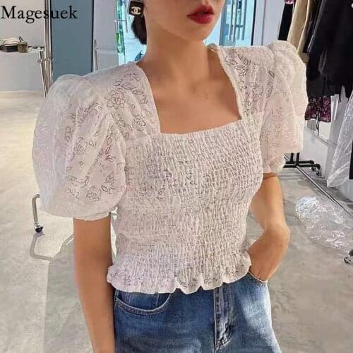 Hollow Crochet Lace Blouse Summer Square Collar Short Sleeve Womens Shirt Waist Slim Loose Short Top Female Blusas Mujer 15648