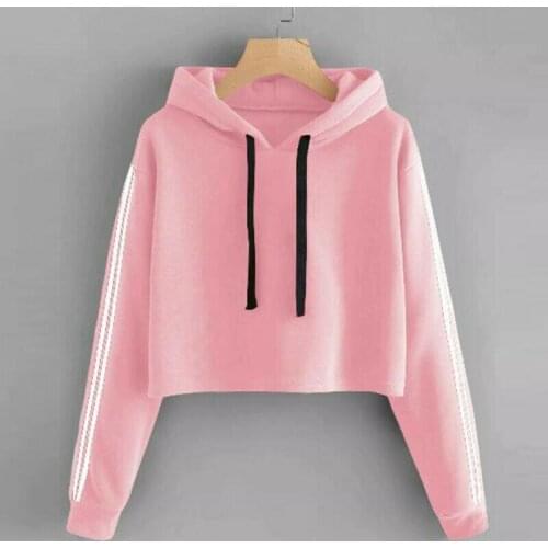 Women Solid Drawstring Long Sleeve Cropped Hooded Sweatshirt Hoodie Sports Tops