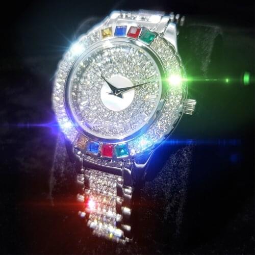 MISSFOX Rainbow Diamond Platinum Women Watches Luxury Shining Iced Out Wristwatch Woman Blingbling Round Quartz Watch For Lady