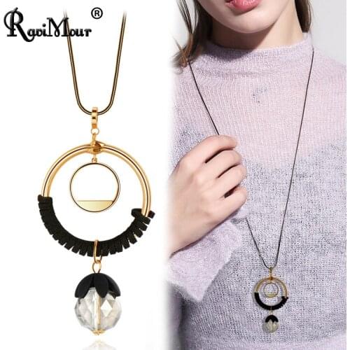 RAVIMOUR Crystal Ball Pendant Necklace Women Gold Circle Round Geometric Statement Long Kolye Black Snake Chain Sweater Jewelry
