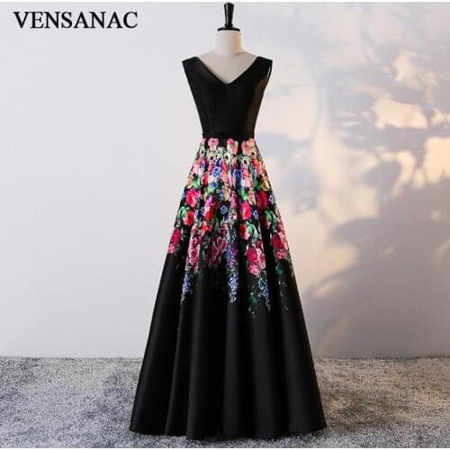 VENSANAC A Line Floral Print Flowers V Neck Long Evening Dresses Elegant Tank Prom Lace Pattern Party Gowns