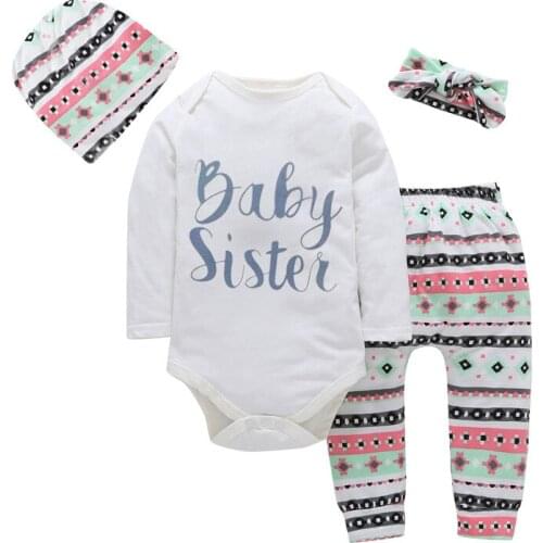 2018 Newborn Infant baby girls clothes 4PCS Baby Sisster printed Romper jumpsuit +pants+ Headband+ Hat Kids girls clothing set