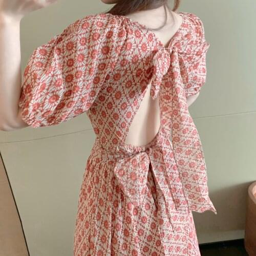 2021 Summer New Open Back Bow A-line Pink Print Dress Short Sleeve V-neck Medium Long Bubble Sleeve Office Lady Patchwork
