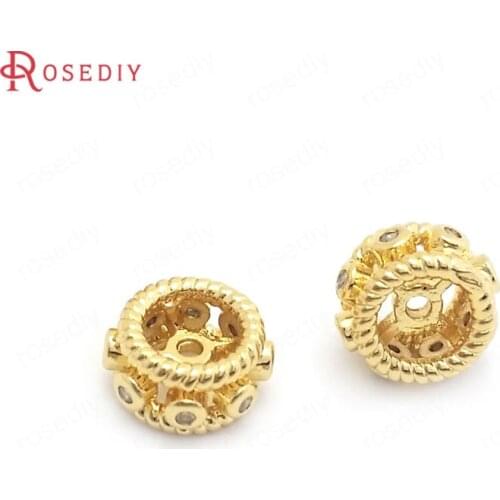37828)6PCS 9MM 24K Gold Color Brass with Zircon Round Spacer Beads Bracelets Beads Jewelry Making Supplies Diy Accessories