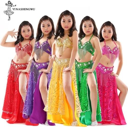 Girls Children Belly Dance Costumes Set Professional Dance Set New Beaded Bra Belt Sequins Skirt Kids Performance Dance Costume