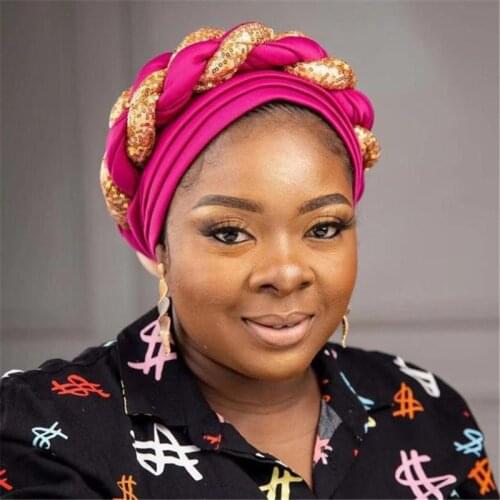 Women Headtie Gele Turban Cap African Women Head-Wrap Cap Auto Gele Nigerian Turban Gele Best Selling Auto Gele With Sequin Cap