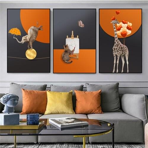 Cute Cartoon Animal Canvas Painting Elephant Giraffe Cat Posters and Prints Nordic Wall Pictures for Living Room Home Decor