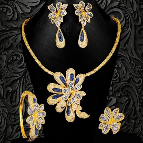 Missvikki Luxury Big Flower Trendy Necklace Bangle Earrings Ring Luxury Nigerian Dubai Jewelry Sets For Wedding Bridal Jewelry