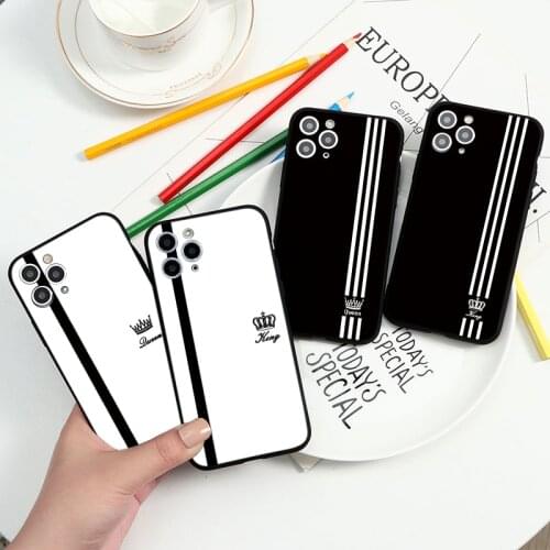 King Queen Lovers Couple Case For iPhone 11 12 Pro XS MAX 7 8 6 6S Plus Cute Stripe Crown Cover For iPhone SE 2 2020 XR X Cases