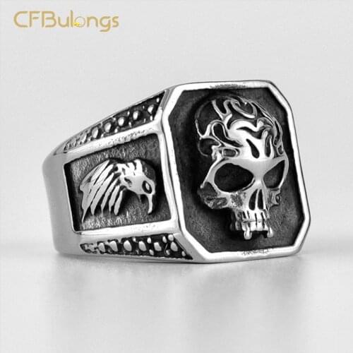 CFBulongs Retro Stainless Steel Skull Mens Ring Punk Rock Band Hip Hop Jewelry Boyfriend Gift