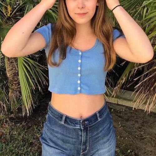 Slim Fit Womens T Shirt Tight Tee Summer Retro Tops Cardigan Streetwear Fashion Cotton Leaky Navel Female Short T-shirt