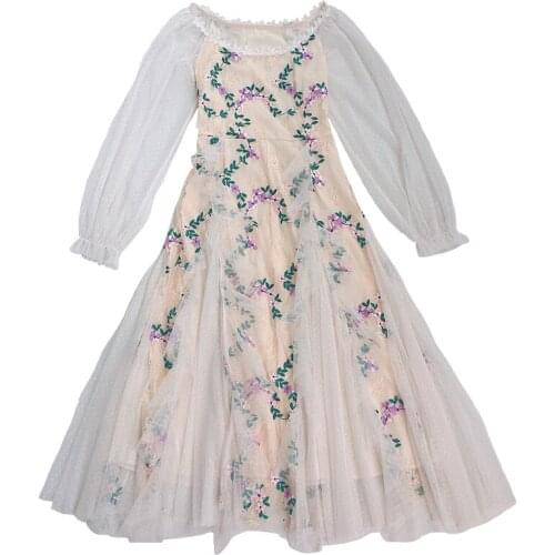 PERHAPS U Women White Embroidery Floral Mesh Midi Dress O Neck Puff Long Sleeve Ruffle Beach Vocation Long Dresses D2629
